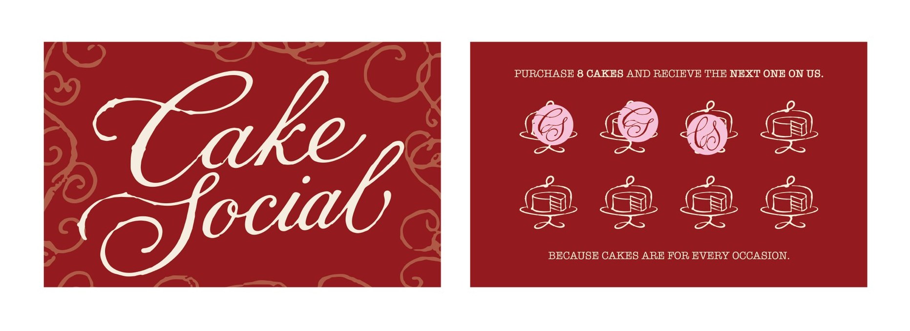 Cake Social business card front and back: the script wordmark on red, and a loyalty card with eight cake stands