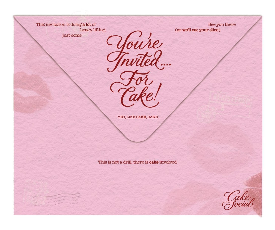 A pink Cake Social envelope reading You're Invited... For Cake!, with lipstick prints and postmarks tinted into the paper
