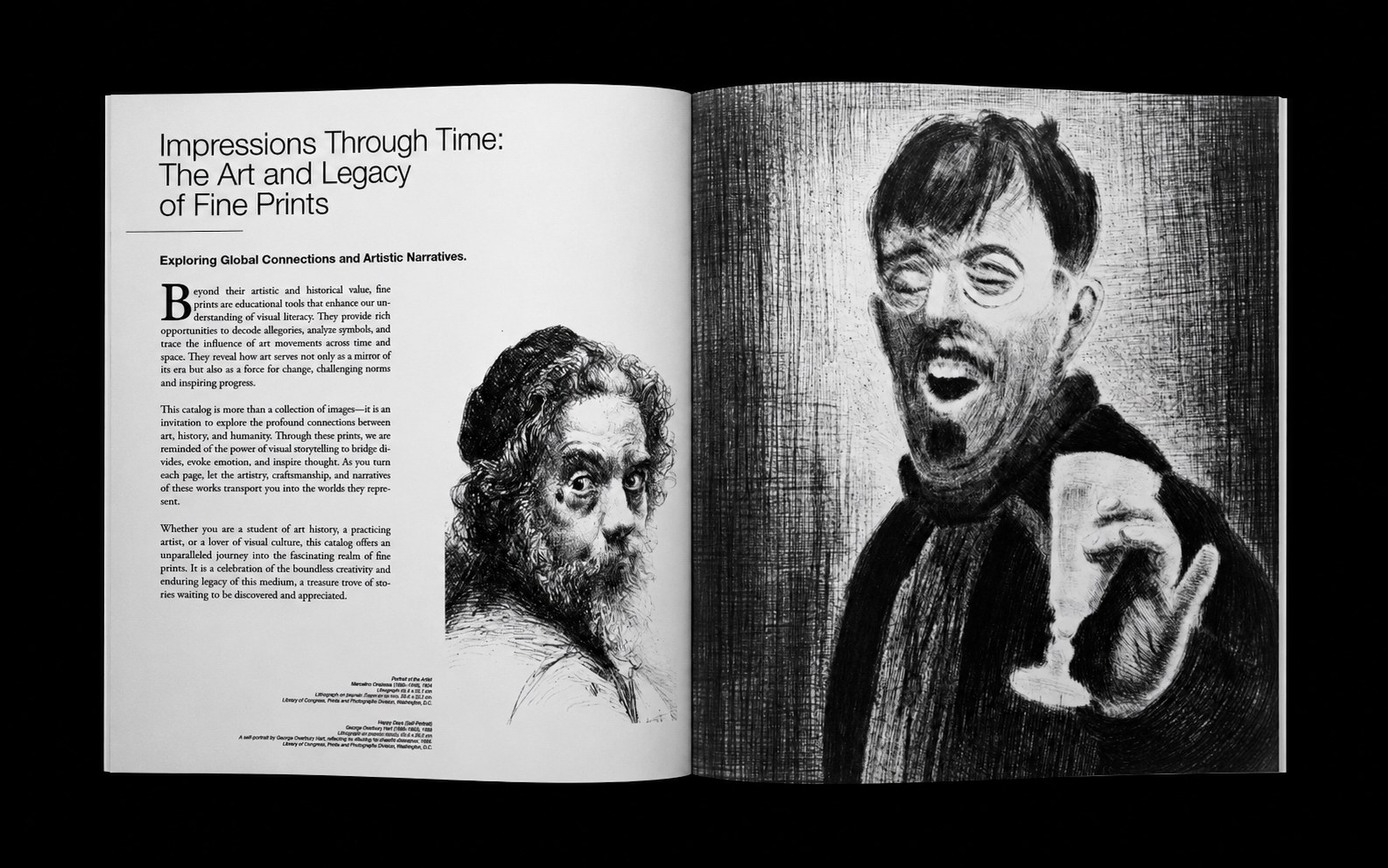 The catalog lying open on black, an essay spread beside two large etched portraits