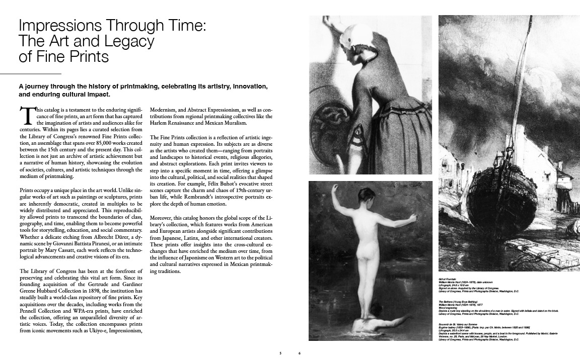 Essay spread: two columns of justified serif text on the left, three prints grouped on the right with credit lines beneath