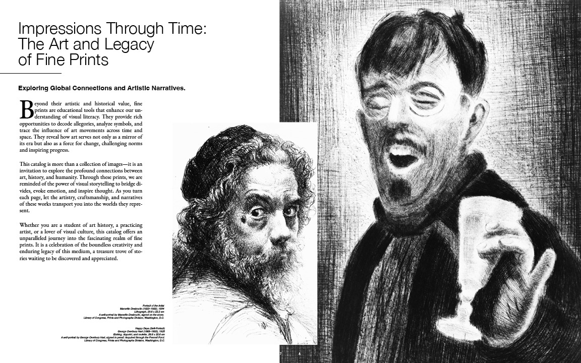 Essay spread: a single text column on the left beside a large drypoint self-portrait bleeding off the right edge
