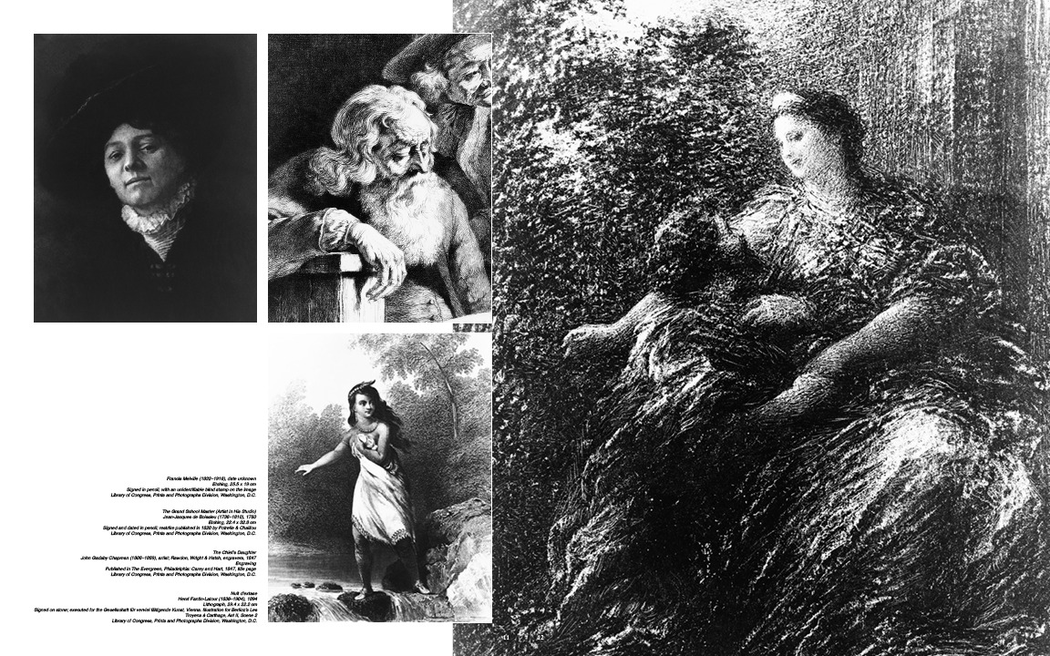 Plate spread: four prints at different scales with small italic credit lines, a large Fantin-Latour lithograph filling the right half