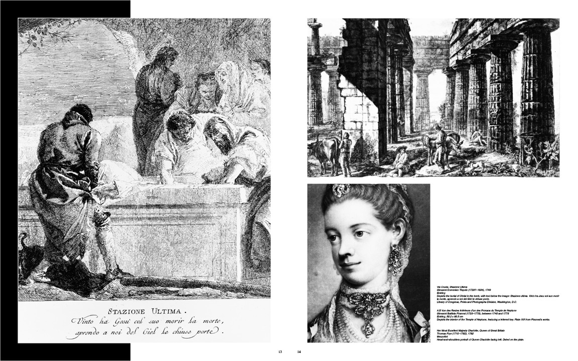 Plate spread: a Tiepolo etching with its engraved caption on the left, a Piranesi temple interior and a mezzotint portrait of Queen Charlotte on the right