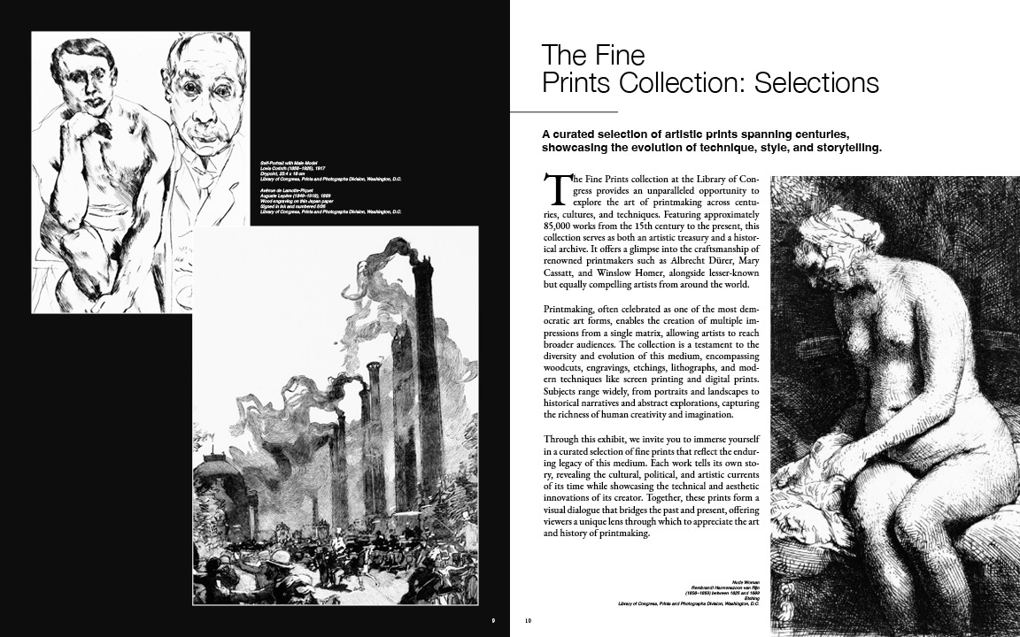 Selections opening spread: prints stepped across a black left page, an introductory column and a Rembrandt nude on the right