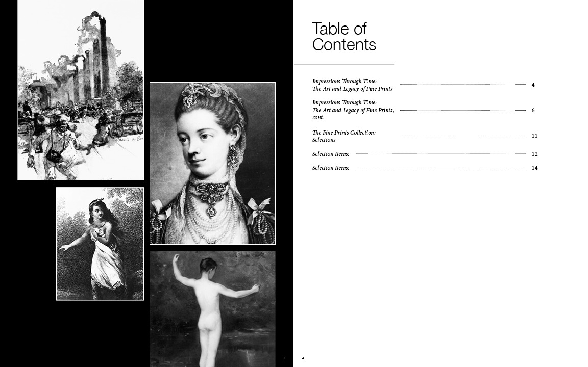 Contents spread: four prints stepped across a black left page, a dotted-leader contents list on the right