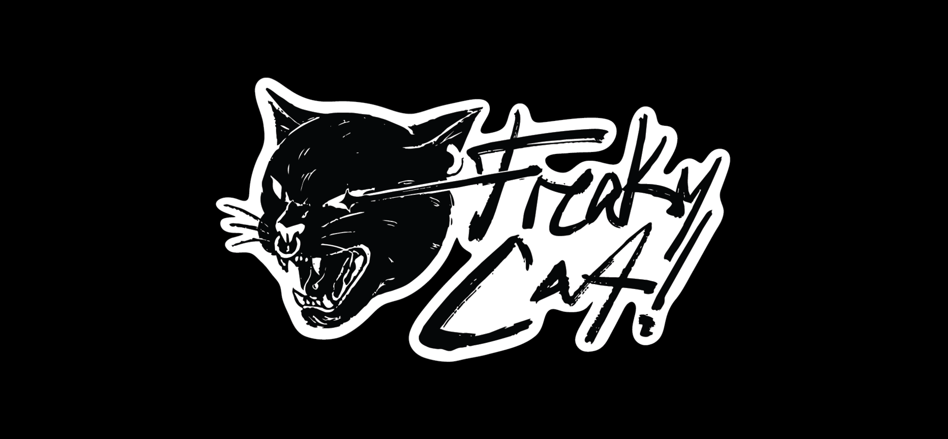 The Freaky Cat! logo shown on black, lime, white and violet backgrounds