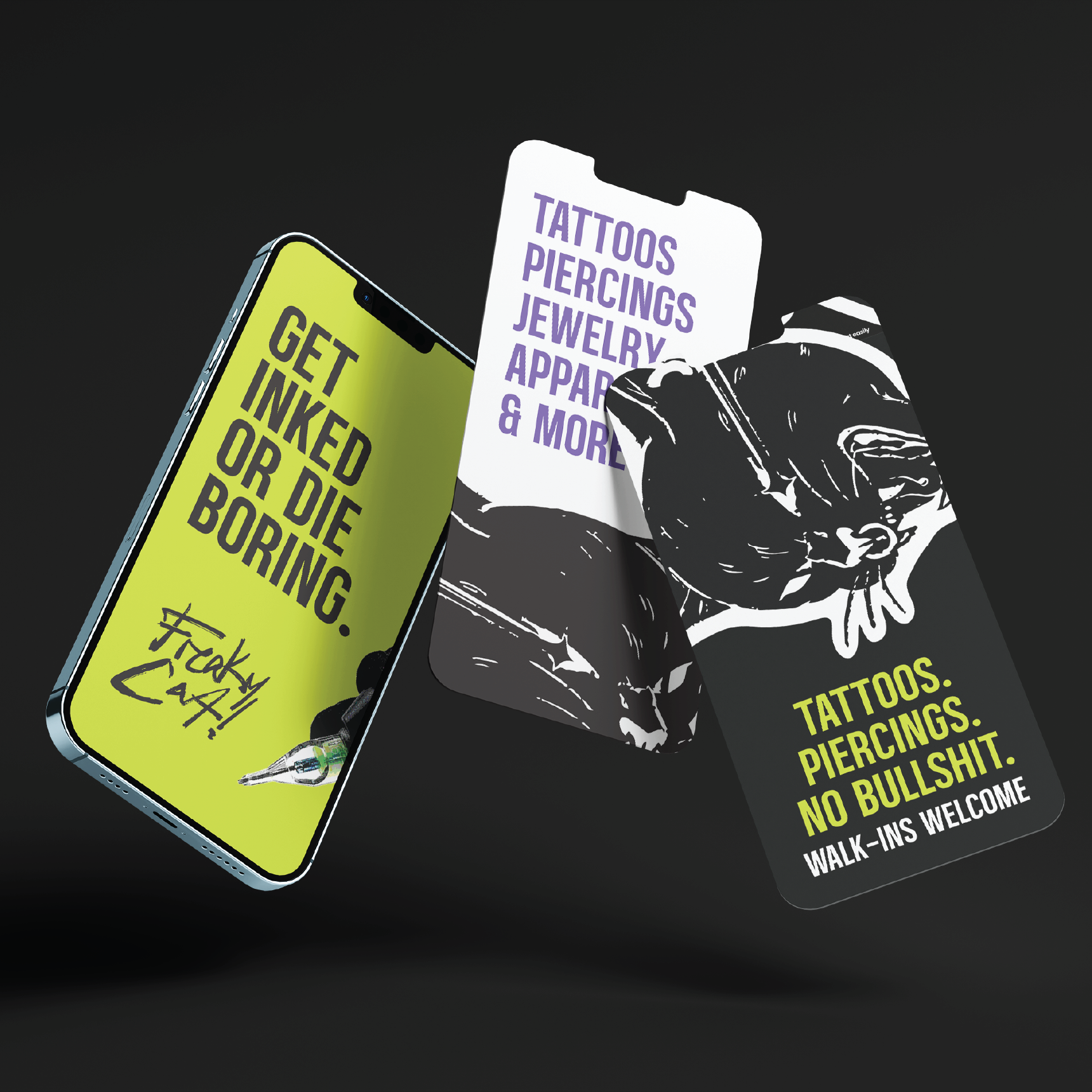 Three Freaky Cat! social templates on phone screens, in lime, white and black