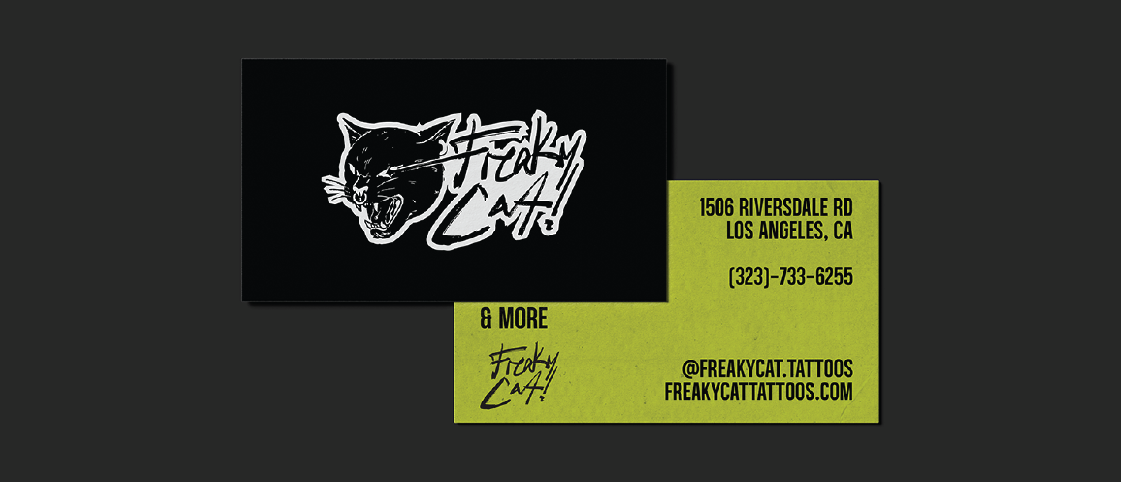 Freaky Cat! business cards, black front with the logo and lime reverse with address and contact details