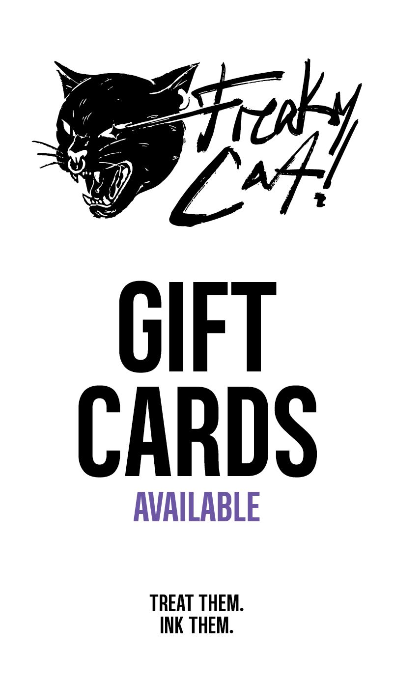 Freaky Cat! story frame announcing gift cards available, with the tagline Treat them. Ink them.