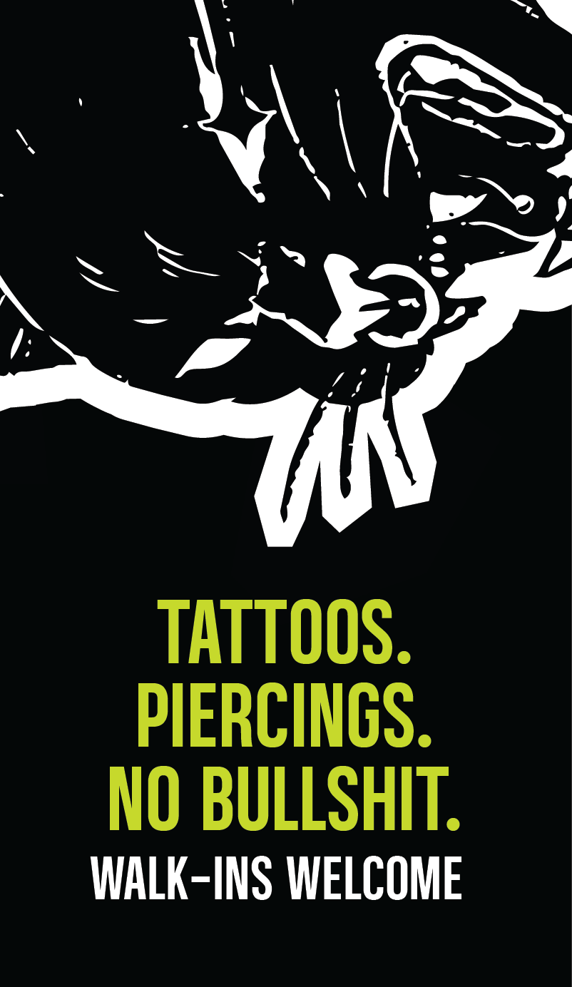 Freaky Cat! story frame reading Tattoos. Piercings. No bullshit. Walk-ins welcome, with the cat above the type