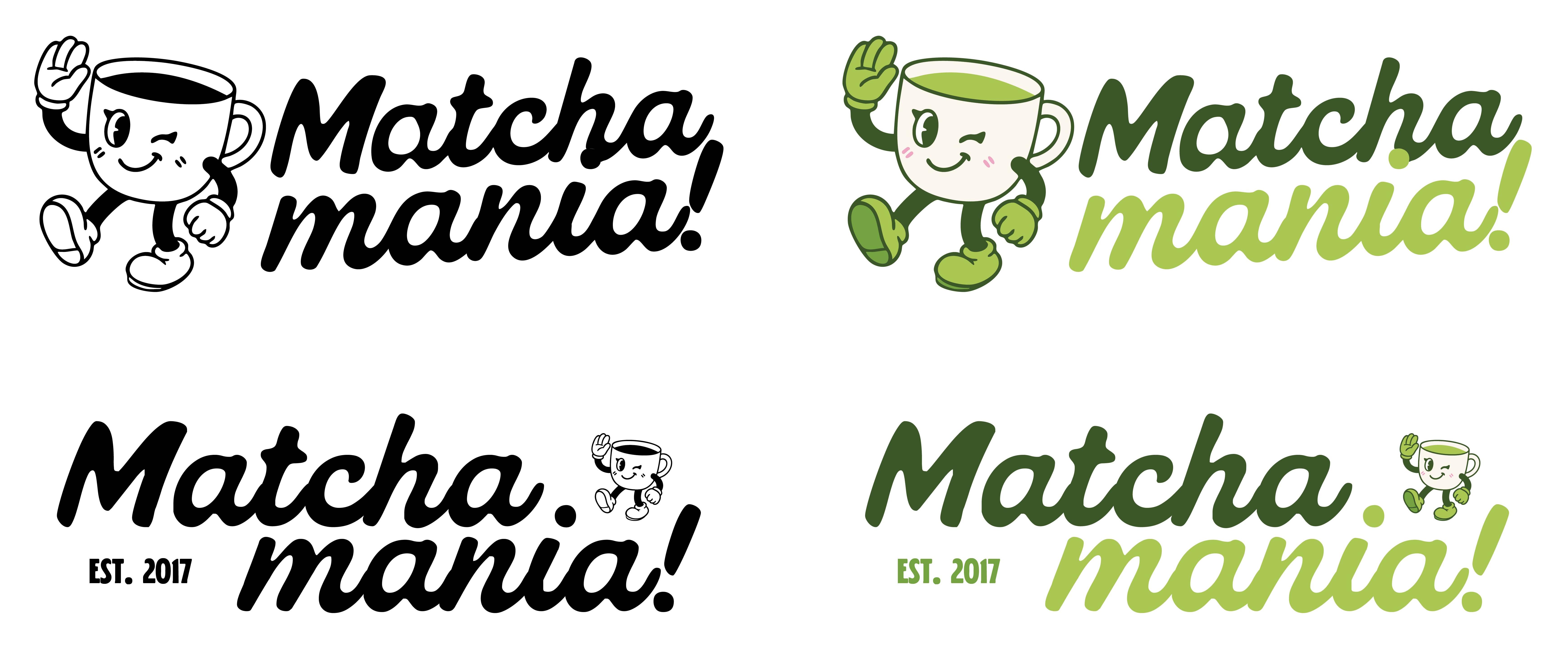 Matcha Mania logo variations: horizontal and stacked lockups, full color and single color line art