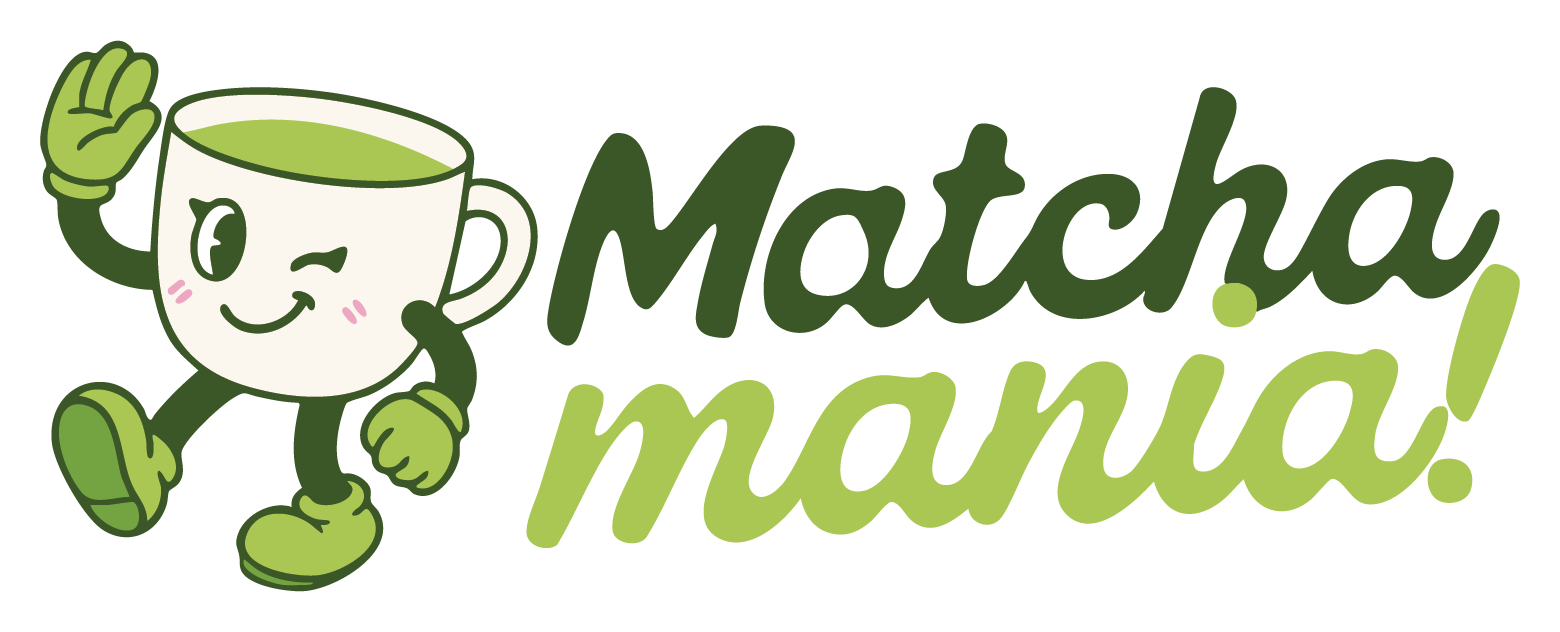 Matcha Mania primary logo, a matcha cup mascot with the script wordmark