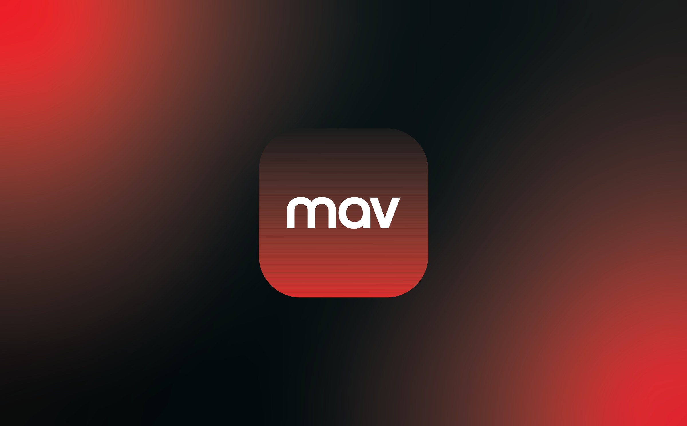 The mav app icon, a white mav lockup on a red and black gradient tile