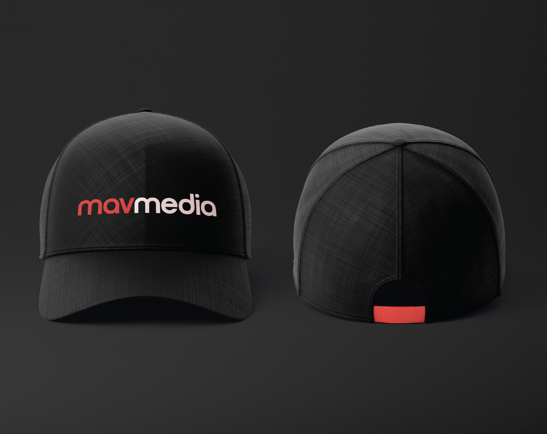 Front and back of a black Mavmedia cap, wordmark on the front panel and a red tab at the closure
