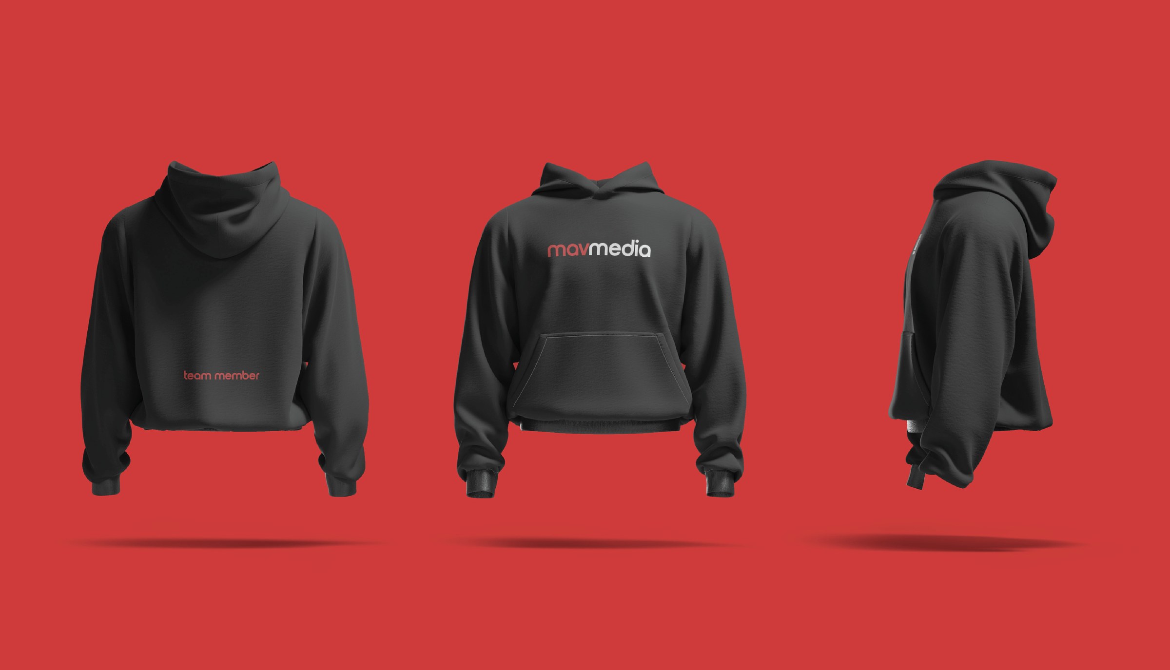 Three views of a black Mavmedia hoodie on a red background, showing the back lockup and the team member hem print