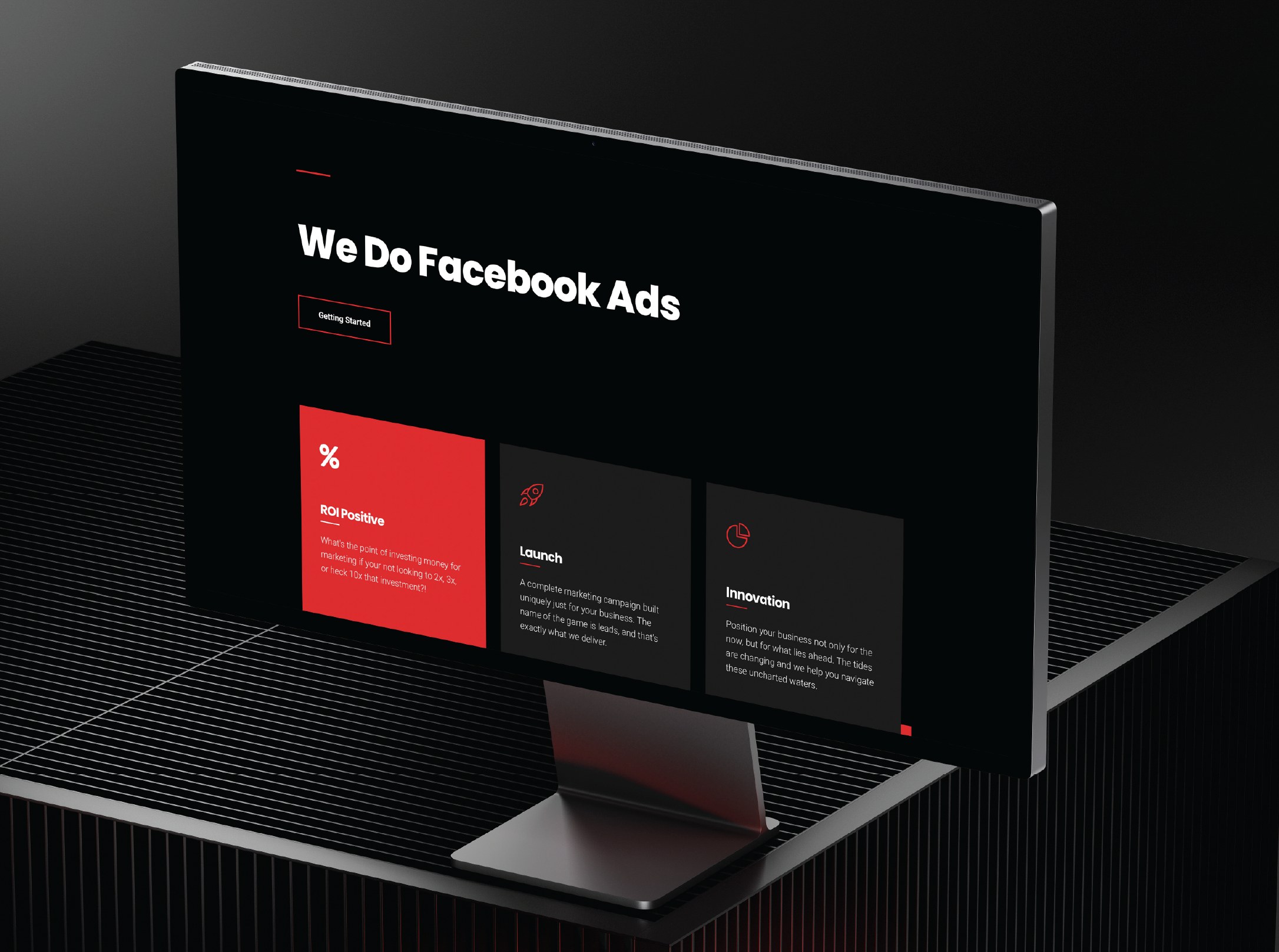 The Mavmedia website on a desktop monitor, headline reading We Do Facebook Ads above three service cards