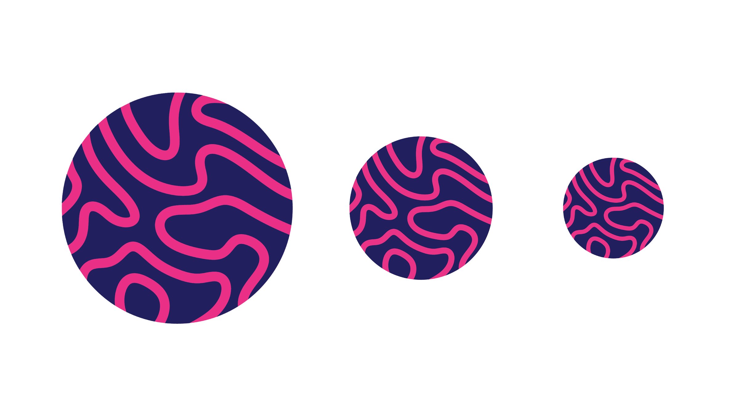 Concept board: three deep purple circles filled with pink squiggle patterns, descending in size across a white field