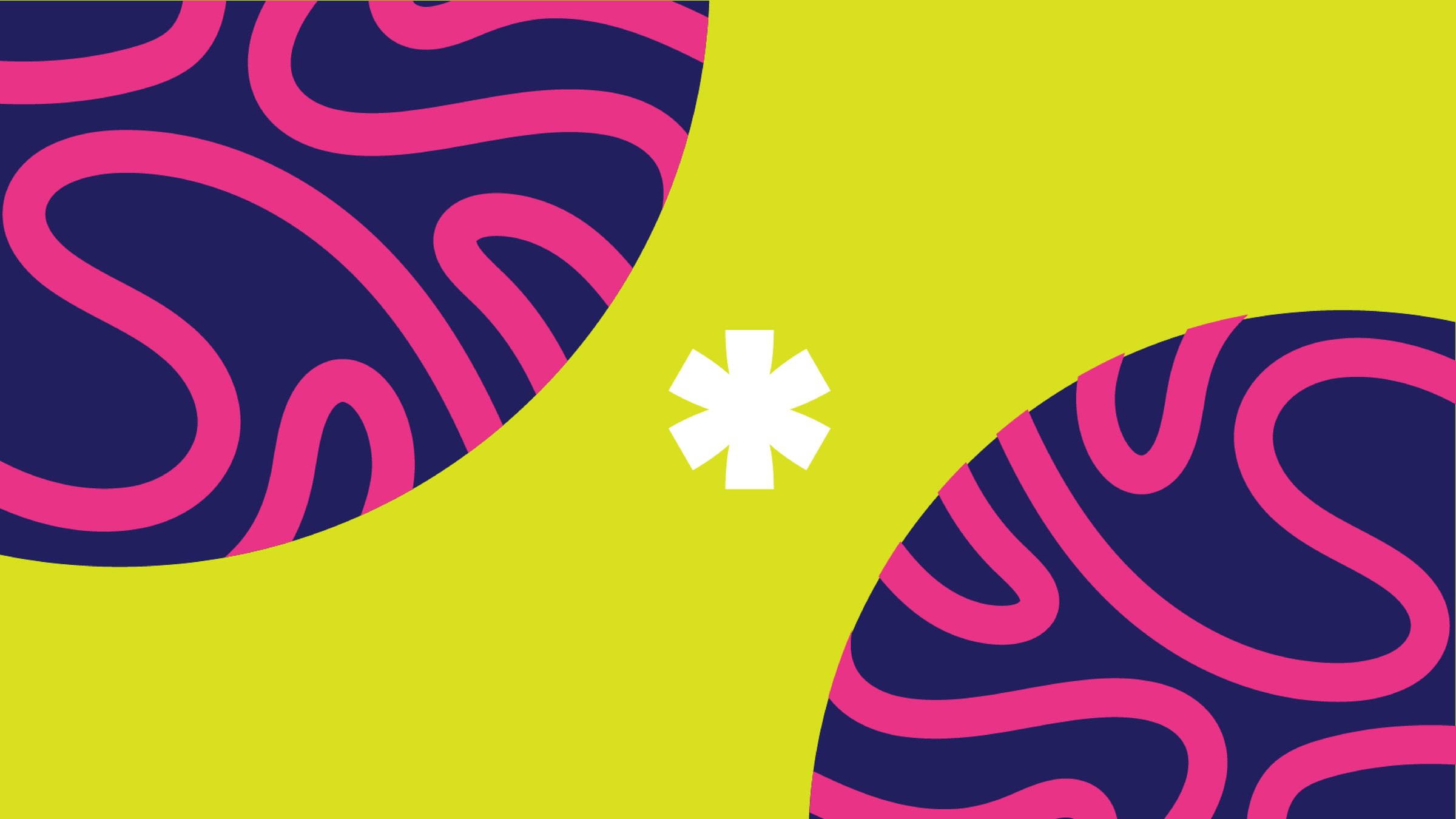 Concept board: a lime field with two deep purple squiggle-patterned circles cropped into opposite corners and a white asterisk at centre