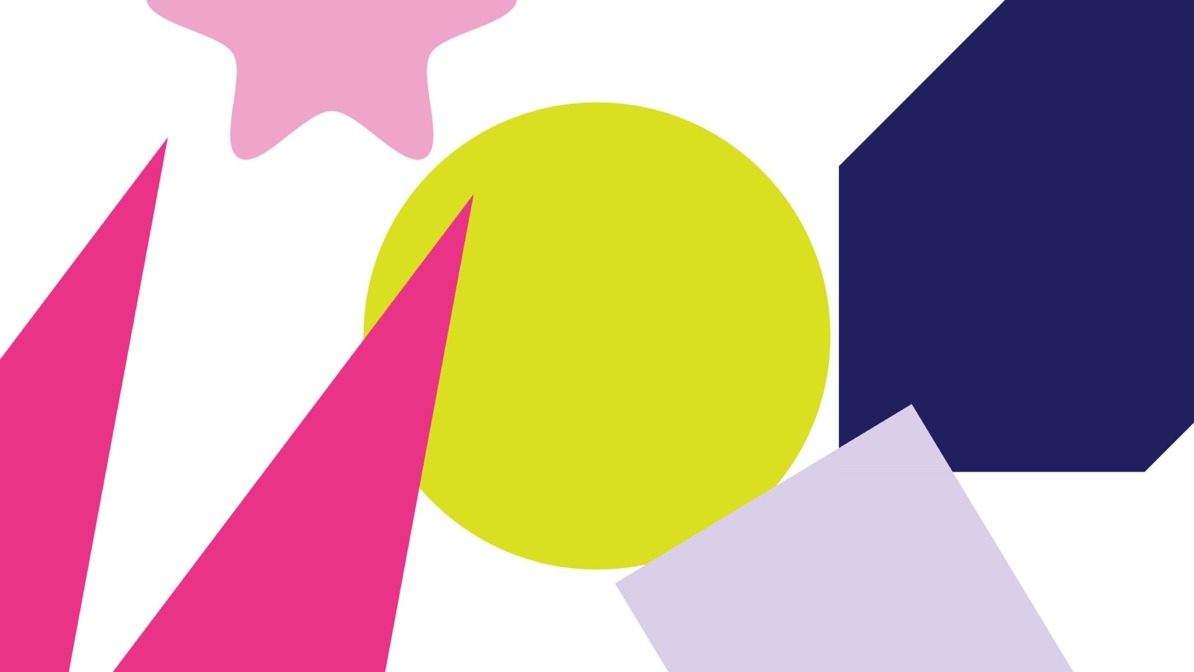 Concept board: a pink star, magenta triangles, a large lime circle, a deep purple hexagon and a lilac quadrilateral arranged across white
