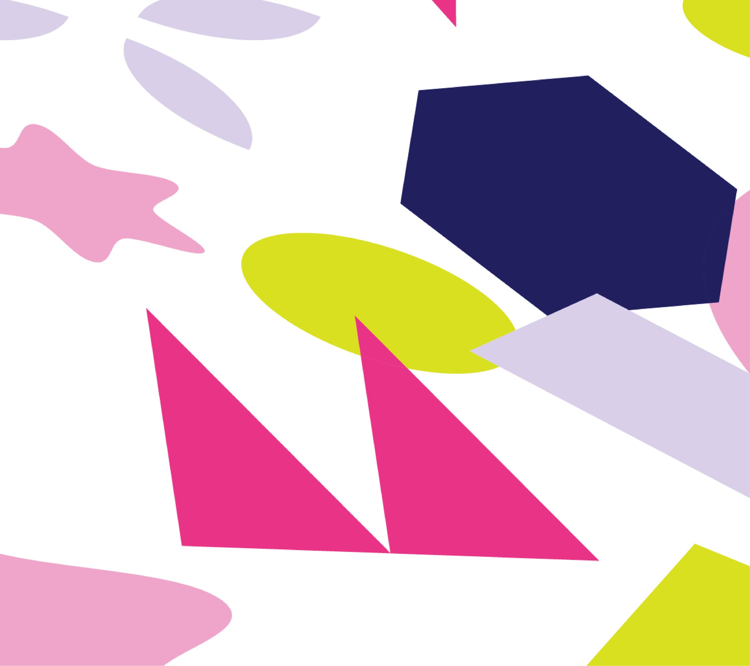 Concept board: a deep purple hexagon, lime ellipse, magenta triangles and pale lilac shapes scattered across a white field